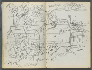 Schetsboek, De Dells, nr. 127, pagina 096  97: Landschap met huizen door Maurice Prendergast