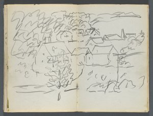 Schetsboek, De Dells, nr. 127, pagina 108  109: Landschap met huizen door Maurice Prendergast