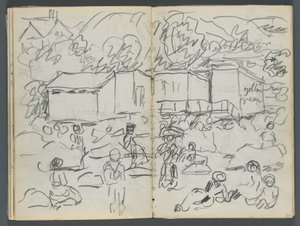 Schetsboek, The Dells, nr. 127, pagina 114  115: Landschap met figuren en gebouwen door Maurice Prendergast