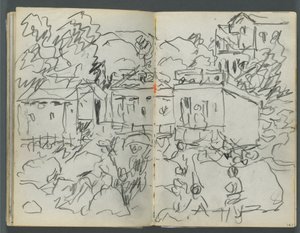 Schetsboek, The Dells, nr. 127, pagina 146  147: Landschap met figuren en gebouwen door Maurice Prendergast