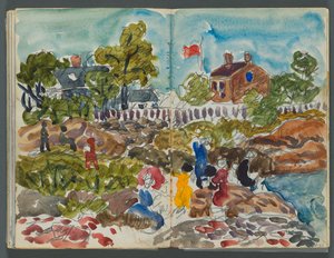 Skizzenbuch, The Dells, Nr. 127, Seite 156 & 157: Küstenlandschaft mit Figuren door Maurice Prendergast