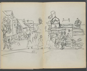Schetsboek, De Dells, nr. 127, pagina 174  175: Dorp met huizen en weg door Maurice Prendergast