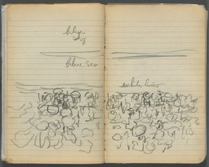 Schetsboek, pagina 046  47: Strandgezicht met kleurnotaties door Maurice Prendergast