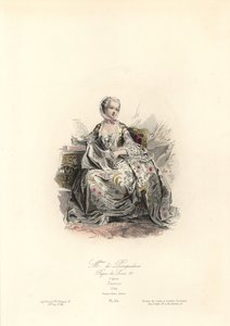 Jeanne-Antoinette Poisson, Madame de Pompadour (1721-1764) was hoofdminnares van Koning Lodewijk XV. Handgekleurde staalgravure door Polidor Pauquet naar Maurice Quentin de La Tour (1748-55) uit de Pauquet Brothers