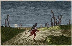 De weerwolf - gravure naar een schilderij van Maurice Sand. Gravure uit 1857.