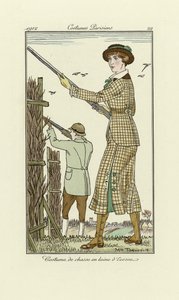 Ontwerp voor dames tweed schietoutfit, uit Costumes Parisien, uitgegeven 1912