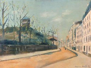 Rue Lepic, Montmartre, met de Moulin de la Galette en de Sacré-Cœur door Maurice Utrillo
