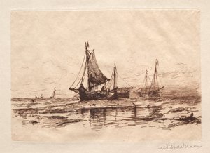 Vissersboten op het strand van Scheveningen door Maurits Frederik Hendrik De Haas