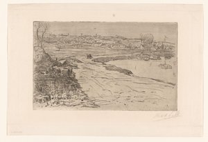 Landschap met huizen en water met aangemeerde zeilboten door Maurits van der Valk (signed by artist)