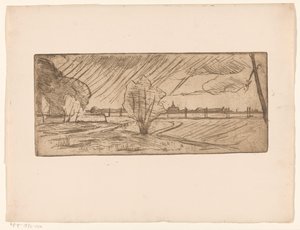 Landschap met bomen en kerk door Maurits van der Valk