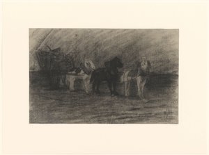 Paarden voor een wagen door Maurits van der Valk