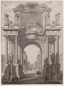 Een architectonische capriccio met een triomfboog