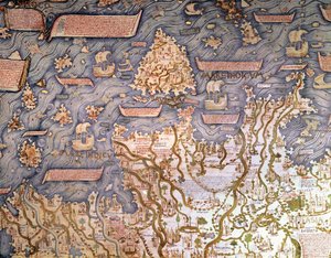 Uitzicht op de archipel van Borneo Detail van de wereldkaart (mappamundi) van broeder Maurus camaldolese 1459 Biblioteca Marciana, Venetië door Mauro Fra