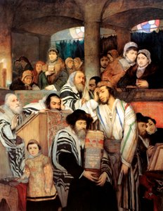 Joden bidden in de synagoge op Yom Kipoer, 1878