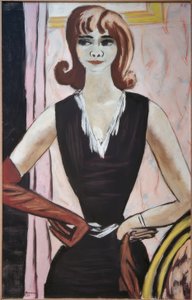 Portret Quappi op roze en violet door Max Beckmann