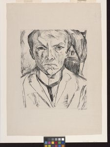 Frontaal zelfportret met huisgevel op de achtergrond door Max Beckmann