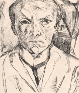 Frontaal zelfportret met huisgevel op de achtergrond door Max Beckmann