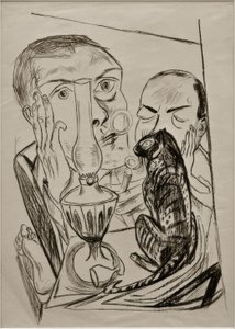 Zelfportret met kat en lamp door Max Beckmann