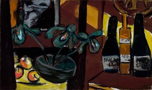 Stilleven op bruin en geel (Champagneflessen en Orchideeën) door Max Beckmann