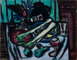 Stilleven met Chianti-fles en selderij door Max Beckmann
