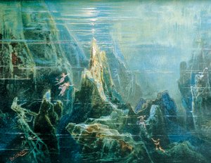 Duitsland, Bayreuth, Decorontwerp voor uitvoering De Ring des Nibelungen - Het Rijngoud door Richard Wagner, de Rijndochters door Max Bruckner