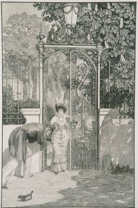 Bij de poort, plaat 3 uit de serie „Een liefde: Opus X“ door Max Klinger