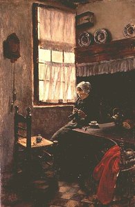 Een jonge vrouw die binnen breit door Max Liebermann