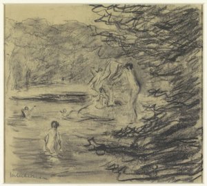 Badende jongens in bosvijver door Max Liebermann