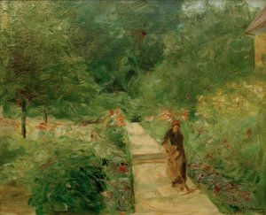 De moestuin in Wannsee naar het westen, op het pad een gast door Max Liebermann