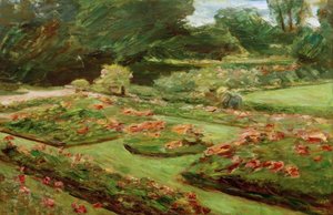 De bloementerras in de Wannseetuin naar het noordoosten
