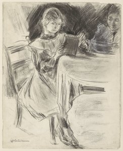 Dochtertje en vrouw van Max Liebermann, lezend aan een ronde tafel door Max Liebermann
