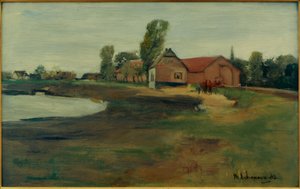Dorpsstraat in Militsch (Landschap met vijver) door Max Liebermann