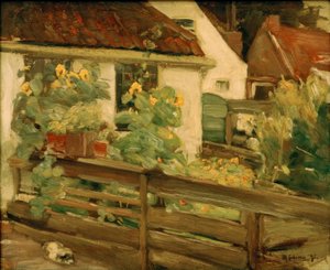 Tuin met zonnebloemen door Max Liebermann