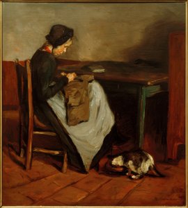 Naaiend meisje met kat - Nederlands interieur