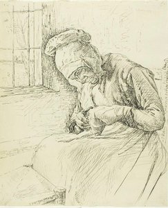 Oude Vrouw die bij het Raam Naait door Max Liebermann