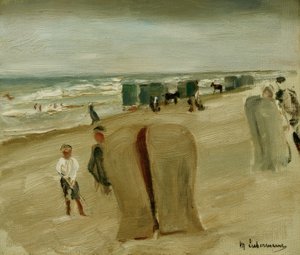 Strand met strandstoelen door Max Liebermann