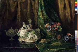 Stilleven met porselein en bloemen door Max Müller