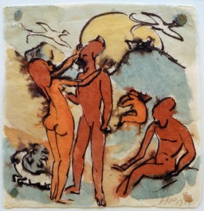 Badscène met stuurvogels door Max Pechstein