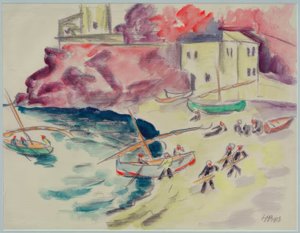 Havenbaai met vissers door Max Pechstein