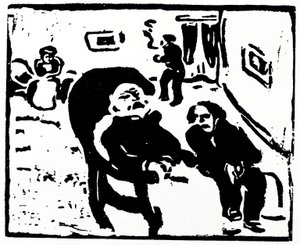 Houtsnede met afbeelding van mensen die in een lounge zitten door Max Pechstein