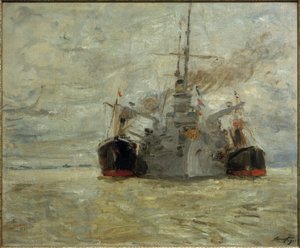 Oorlogsschip dat kolen bunkert in de haven van Hamburg