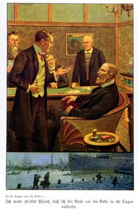 Phileas Fogg neemt de weddenschap aan in de Reform Club dat hij de wereld rond kan reizen in 80 dagen, illustratie uit een editie gepubliceerd in Berlijn door Max Wulff