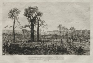 Artistieke Herinneringen aan het Beleg van Parijs: Avenue de Boulogne, Uitzicht vanaf de poort van Auteuil, St. Cloud op de achtergrond, Verwoesting van het Bois de Boulogne door Maxime Lalanne