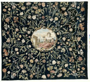 Tafelkleed met de personificatie van Flora en een bloemenpatroon door Maximiliaan van der Gucht (possibly)