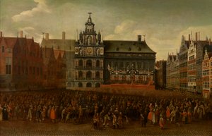 De proclamatie van de Vrede van Münster op de Grote Markt in Antwerpen door Maximiliaen Pauwels
