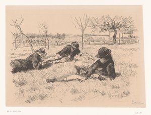 Drie mannen rusten uit in een wei