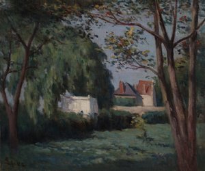Landschap met drie huizen en bomen