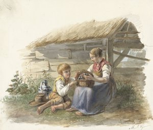 Meisje en jongetje met een mandje jonge vogels door Maximilienne Guyon
