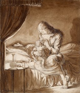 Nacht Scène-Vrouw die haar Kind Voedt, ca. 1900s door Maxwell Gordon Lightfoot