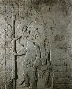Maya-kunst: paneel nr. 1 van de Maya-site van El Cayo (tussen 600 en 800) met een personage omringd door inscripties in hiërogliefen in verwijzing naar astronomische berekeningen. Privécollectie door Mayan Mayan